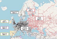 Suomalainen raidelveys on historiallisista syistä lähes sama kuin Venäjällä. TEN-T-asetus velvoittaa Suomea arvioimaan kesään 2026 mennessä eurooppalaisen 1435 mm:n raideleveyden käyttöönoton uusien ratojen osalta. Kuva: Itärata Oy, pohjakartta OpenRailwayMap)