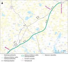 Itäradan jatkosuunnitteluun etenevä linjaus ja muut YVA-menettelyssä mukana olevat linjausvaihtoehdot rataosuuksilla Björkdal–Teuroinen ja Teuroinen–Koria.