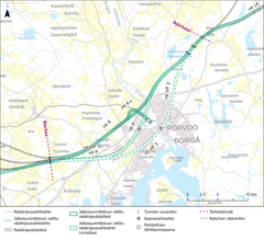 Itäradan jatkosuunnitteluun etenevät linjausvaihtoehdot rataosuudella Backas–Björkdal: Kuninkaanportin maanpäällinen linjaus ja toinen kahdesta tunnelivaihtoehdosta.