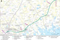 Kartbild över Östbanans linjedragning mellan Kervo och Kouvola Koria