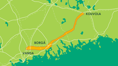 Grafik som visar området mellan Kera och Kouvola. Mellan områdena har en linje ritats ut som visar det uppskattade flygområdet för flygfotograferingen.