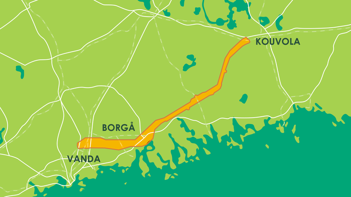 Grafik som visar området mellan Kera och Kouvola. Mellan områdena har en linje ritats ut som visar det uppskattade flygområdet för flygfotograferingen.