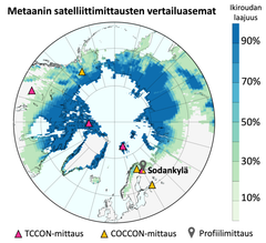 Metaanin satelliittimittausten vertailuasemat sijaitsevat pohjoisessa sekä ikirouta-alueella että sen ulkopuolella. Ilmatieteen laitos on keskittänyt Sodankylän asemalle sekä korkean (TCCON-mittaus) että matalamman (COCCON-mittaus) resoluution spektrometrimittauksia. Lisäksi Sodankylässä tehdään palloluotauksilla ilmakehän profiilimittauksia noin 30 km korkeudelle saakka. (Kuva: Hannakaisa Lindqvist, Ilmatieteen laitos)