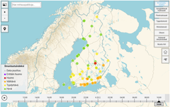 Ilmatieteen laitoksen mittausten mukaan ilmanlaatu oli monin paikoin välttävä eteläisessä Suomessa aamupäivällä 25.2.2025. Lähde: https://www.ilmatieteenlaitos.fi/ilmanlaatu