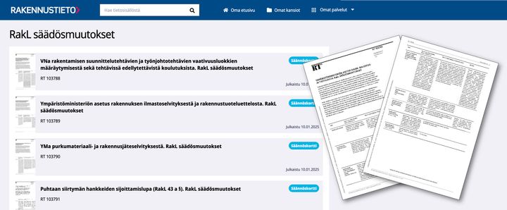 Kuvakaappaus Rakennustiedon palveluiden verkkosivulta, jossa lueteltu RakL-säädösmuutokset koskevia asiakirjoja ja esitys PDF-tiedostoista.