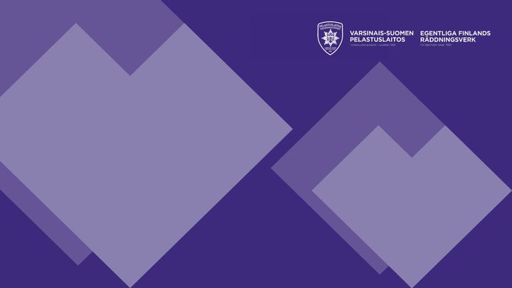 Kaksi violettia graafista elementtiä, jotka näyttävät sydämiltä tai V-kirjaimilta tummaa taustaa vasten. Oikeassa yläkulmassa on Varsinais-Suomen pelastuslaitoksen logo.