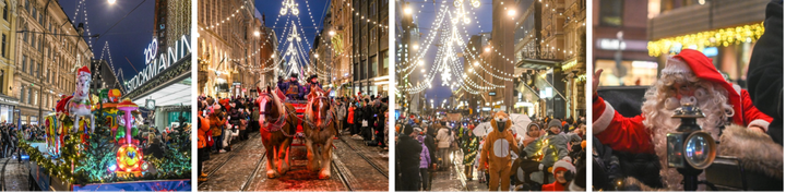 Kuvassa jouluparaati Helsingissä, jossa on valoja, koristeltuja vaunuja ja joulupukki.