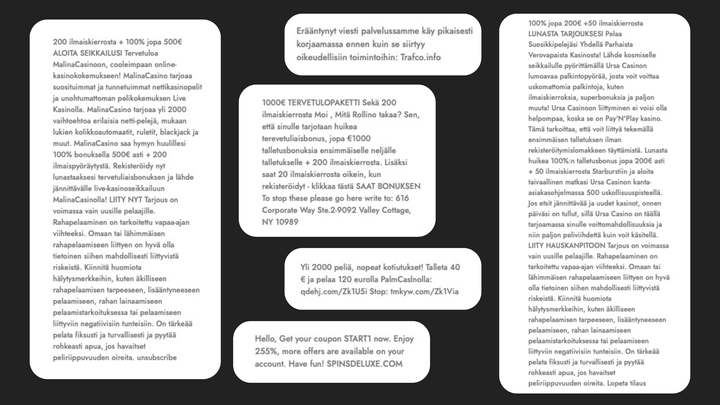 Traficom-huijausviestejä ja laittomia kasinopelien tarjouksia lähetetään juuri nyt paljon.