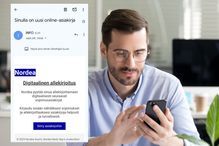 Mobiililaitteella huijaussähköpostit näyttävät usein aidoilta – tarkista aina lähettäjätiedot.