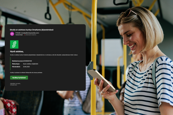 S-Pankin nimissä lähetetyssä huijauksessa lukee: “Sinulla on odottava hyvitys OmaKanta-järjestelmässä.”