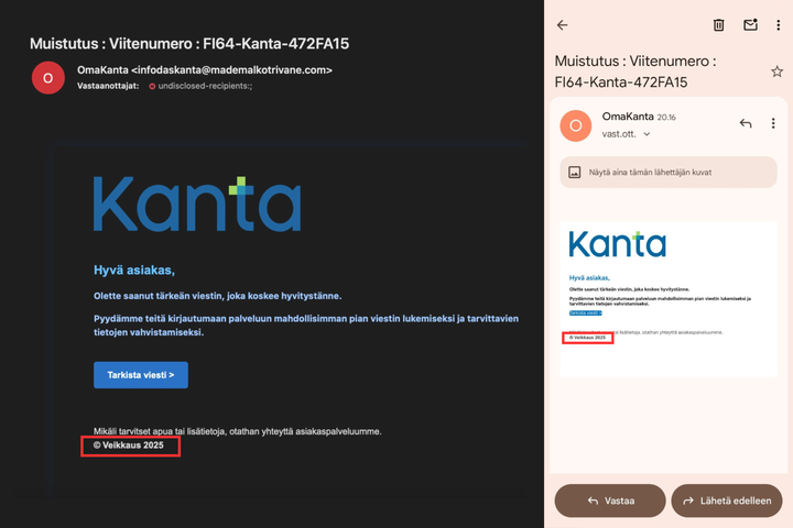 OmaKanta-huijauksessa viestiin on jäänyt vahingossa jälki toisesta huijauksesta.