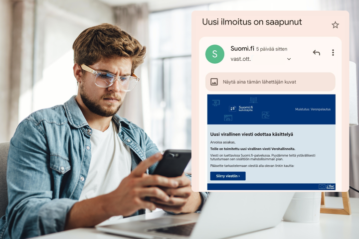Huijausviestit näyttävät usein virallisilta, mutta sisältävät linkin tietojenkalastelusivulle.