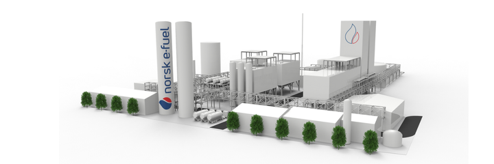 Havainnekuva teollisuuslaitoksesta, jossa on "Norske e-Fuel" -logoja ja moderneja rakennuksia, joiden edessä on puita.