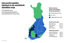 Kuvio näyttää isien käyttämän osuuden vanhempainrahapäivistä hyvinvointialueittain vuonna 2024.