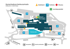 Kymenlaakson keskussairaalan aluekartta, jossa merkinnät sisäänkäynneistä, pysäköintialueista, päivystyksestä, lastensairaalasta ja uudesta dialyysiyksiköstä.