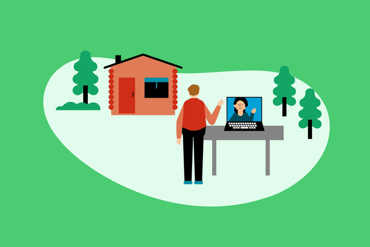 Piirros: Henkilö tervehtii videopuhelussa kannettavan tietokoneen näytöllä olevaa henkilöä pihalla, punaisen talon edessä, ympärillä puita.
