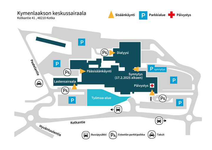 Kartta Kymenlaakson keskussairaalan alueesta, jossa näkyvät sisäänkäynnit ja pysäköintialueet.