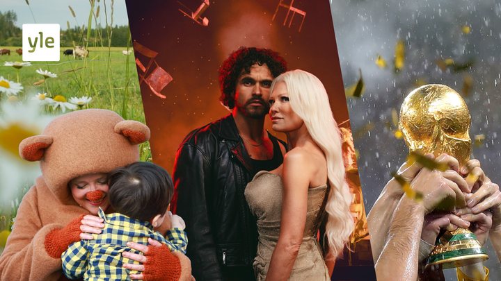 Kuvakooste missä Leikitään Pikku Kakkosta, Pete Parkkonen ja Linda Lampenius sekä jalkapallon MM-kisojen pokaali.