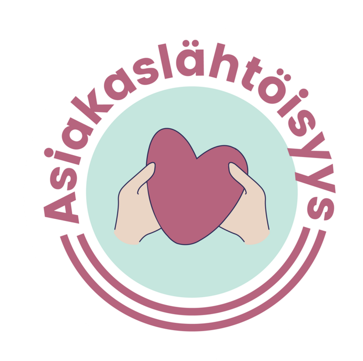 Logo, jossa on sydäntä pitelevät kädet ja teksti "Asiakslähtöisyys".