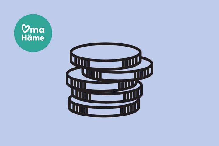 Kolme päällekkäistä kolikkoa piirrettynä. Vasemmalla "Oma Häme" -logo.