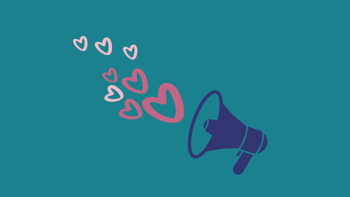 Megafoni, josta tulee vaaleanpunaisia ja valkoisia sydämiä sinisellä taustalla.