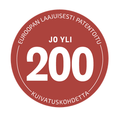 Kuvassa on punainen ympyrä, jossa lukee "EUROOPAN LAAJUISESTI PATENTOITU", "JO YLI 200" ja "KUIVATUSKOHTETTA".