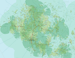 Vaaleanvihreä alue kuvaa 4G-verkon peittoa, tummempi vihreä 5G-verkkoa.