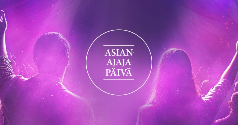 Piirroskuvitus, jossa takaapäin kuvatut mies ja nainen seisovat kädet pystyssä ja heidän keskellään on Asianajajapäivän logo.