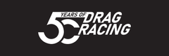 Logo, jossa lukee "50 Years of Drag Racing". Taustalla musta väri.