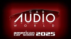 Punainen tausta, jossa lukee "Car Audio World" ja "American Car Show 2025" tekstillä.