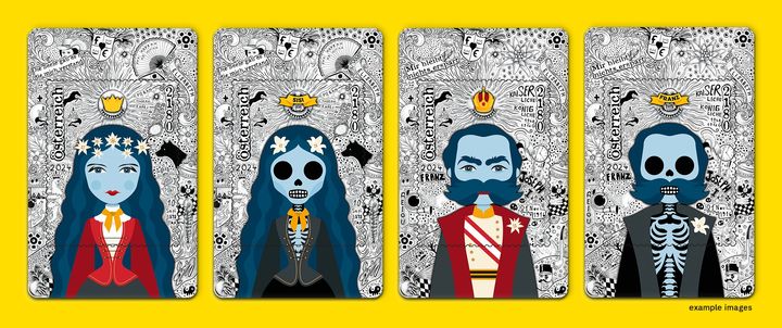 The four Crypto stamp art designs: Empress Elisabeth of Austria, Sisi Skull, Emperor Franz Joseph I of Austria, Franz Skull