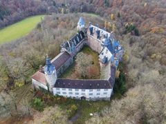 Aerial view of Rammelburg Castle, Germany, Winter 2025