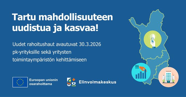 Rakennerahastojen kuvituskuvassa Pohjois-Pohjanmaa, Lappi ja Kainuu sekä Euroopan unionin ja elinvoimakeskuksen logot.