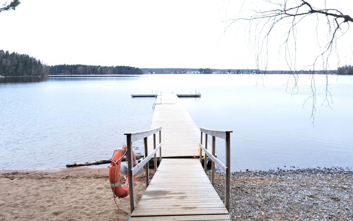 Puuinen laituri johtaa järvelle, ympärillä metsää.