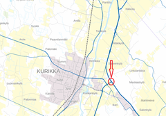 Kartta Kurikan alueelta, jossa punainen nuoli osoittaa tiettyä kohtaa alueella.