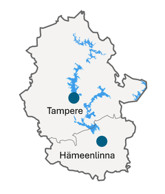 Kartta, jossa on merkitty Tampere ja Hämeenlinna Sisä-Suomen elinvoimakeskuksen alueella.