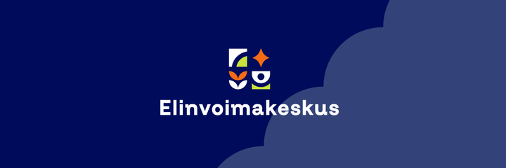 Sininen tausta, jossa pilviä. Keskellä logo ja teksti "Elinvoimakeskus".