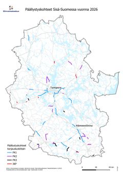Karttakuva Sisä-Suomen elinvoimakeskuksen päällystyskohteista.
