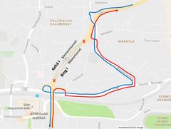 Karttakuva Mestarintunnelin varareitistä sulun aikana.